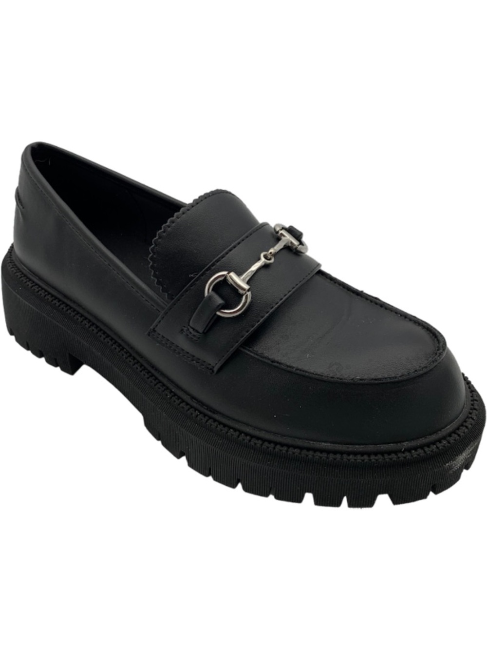Skechers Black Leather Lug Sole Loafers with Silver Bit